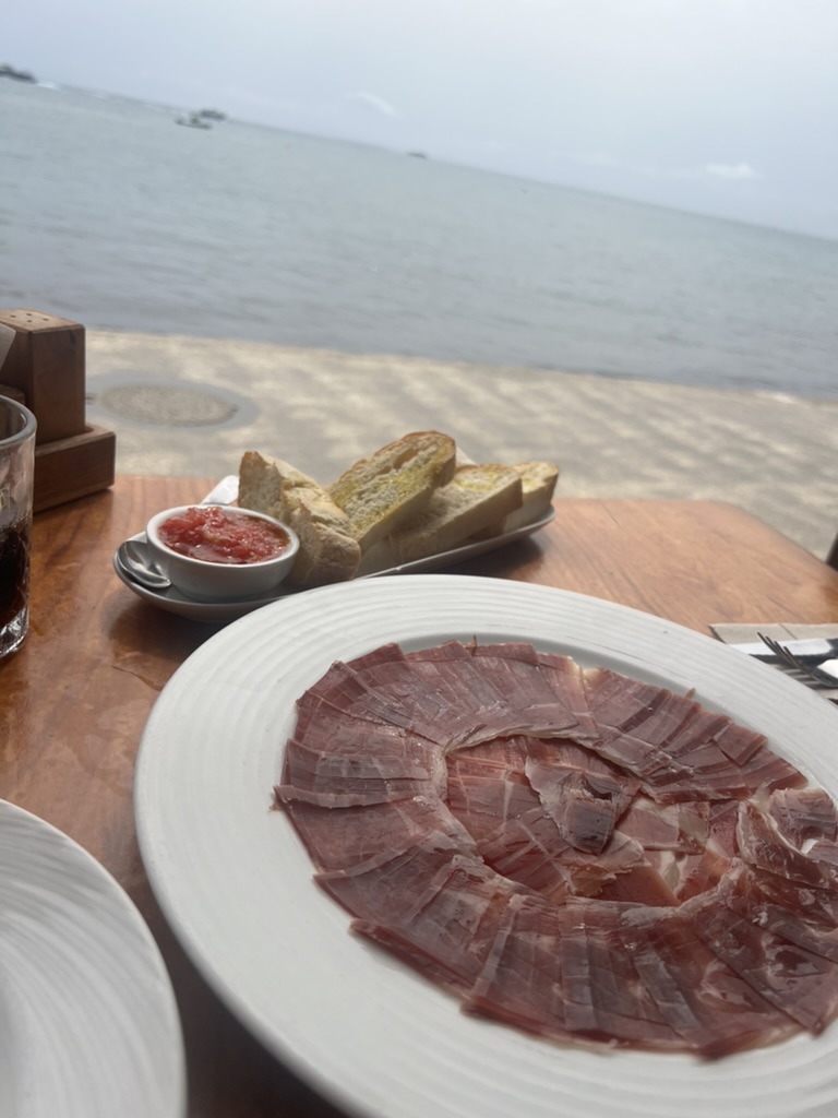 海を眺めながらテーブルで食べたハモン