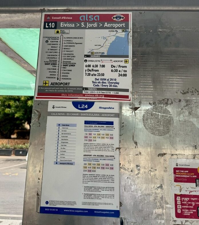 L10 bus stop information at Ibiza Airport during my visit