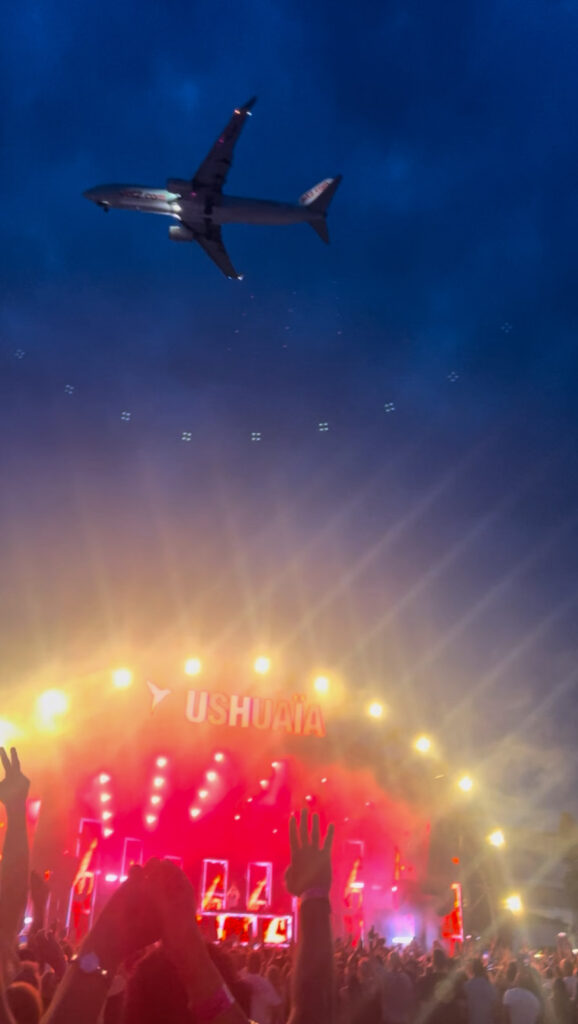 Passenger plane flying over the stage at Ushuaïa Ibiza